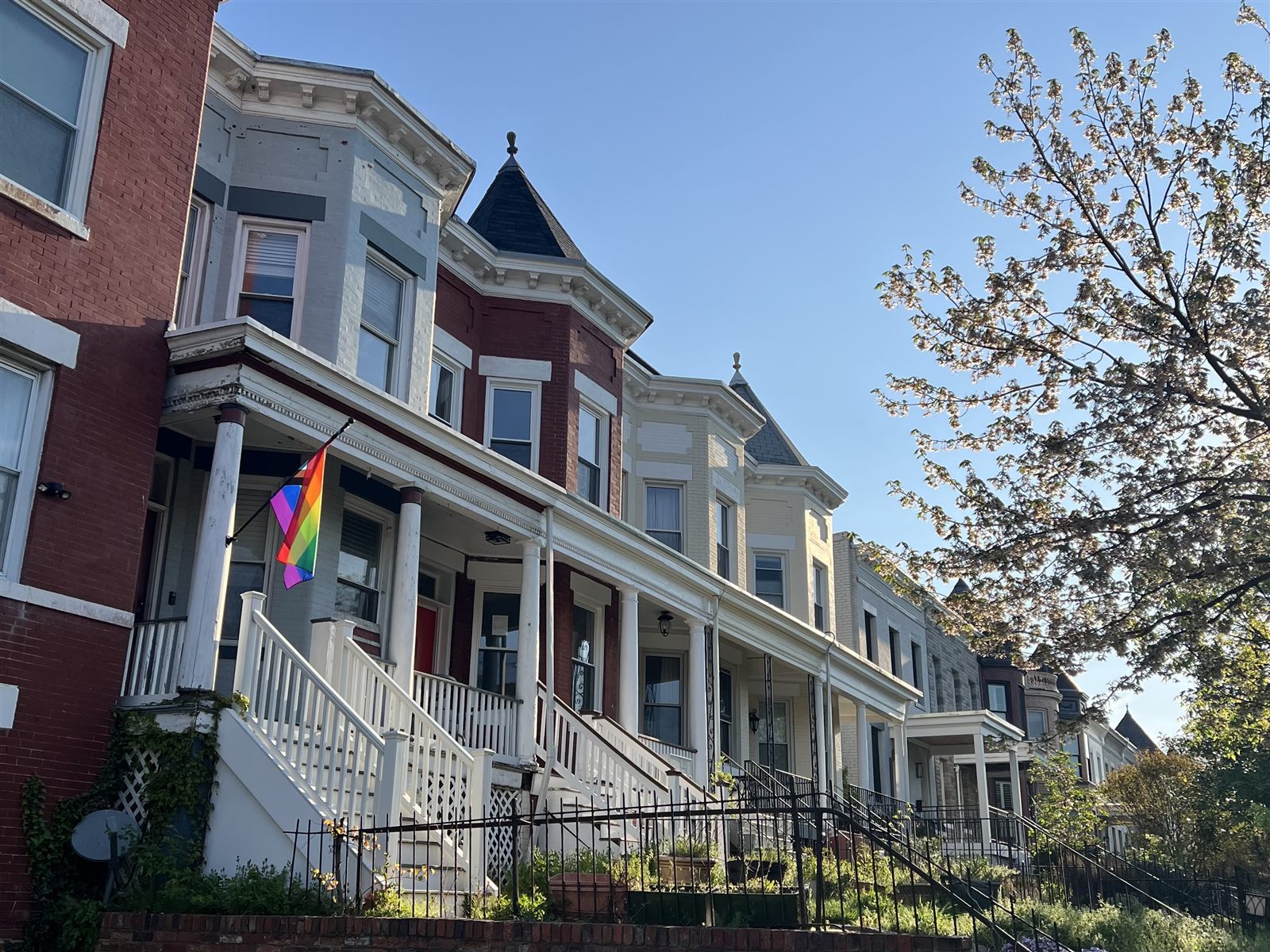 Historic brick rowhouses with flat roofs and cornices on a tree-lined Washington DC street